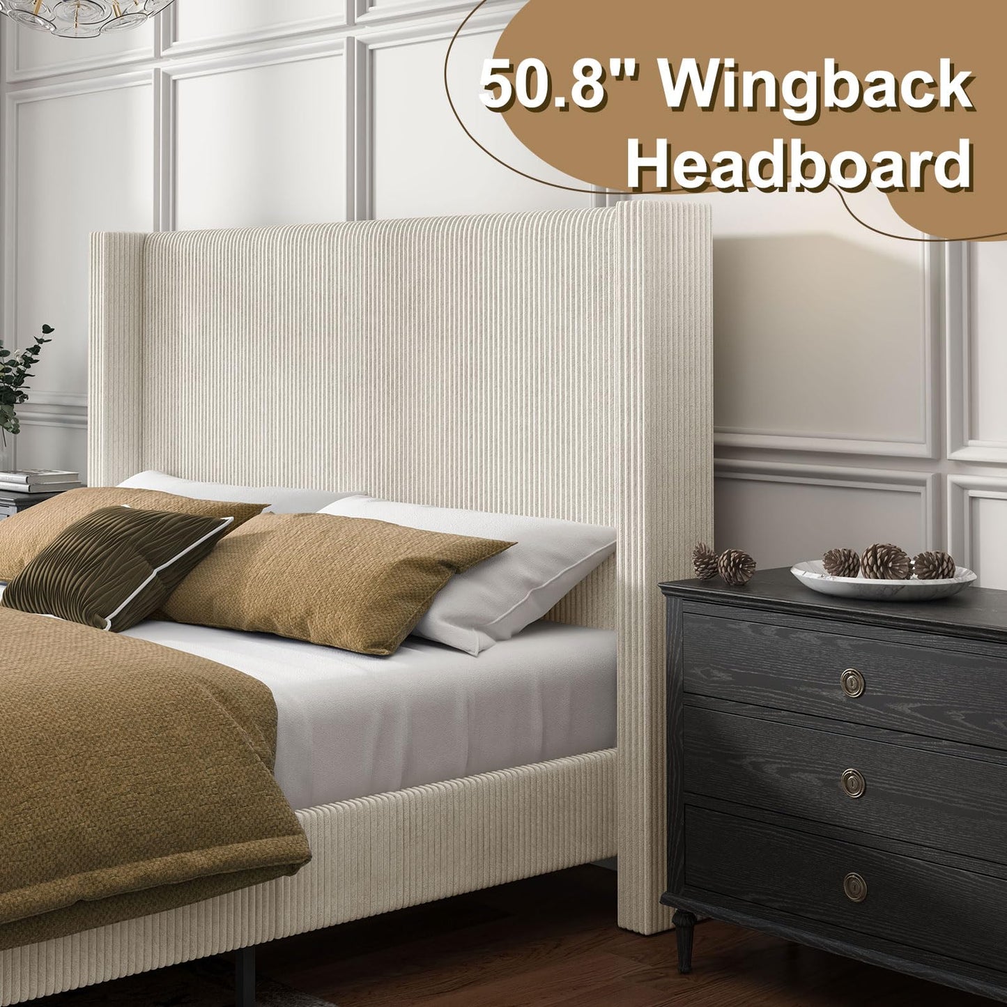 HOWE King Size Cream Upholstered Wingback Bed Frame with 50.8" Headboard - WoodArtSupply