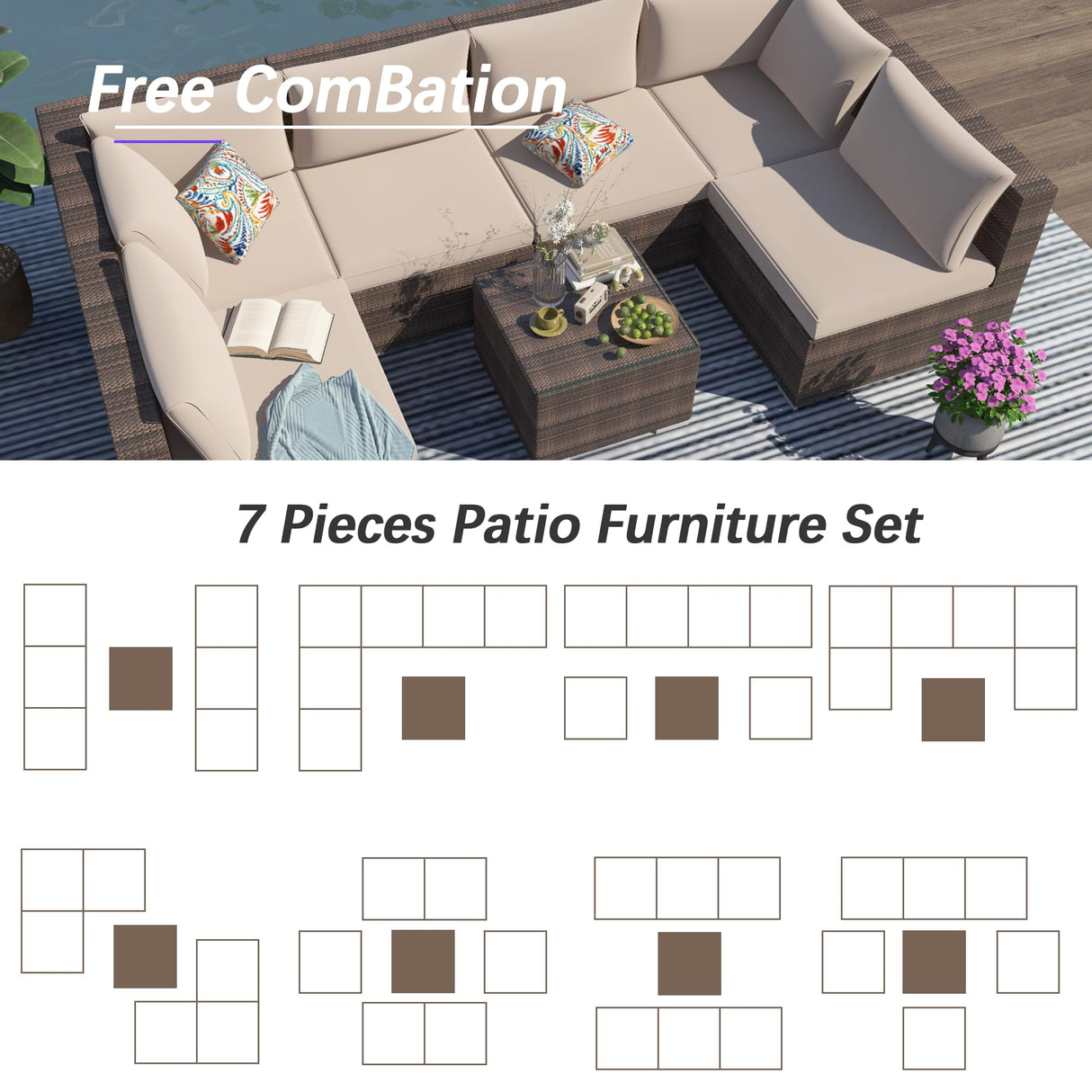 7 Piece Patio Furniture Set, Outdoor Couch Set—All-Weather Outdoor Furniture Sectional w Water Resistant Thick Cushions, Patio Sofa Set w 2 Extra Pillows and Coffee Table (Beige & Brown, 7PCS) Naga Bahna