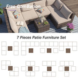 7 Piece Patio Furniture Set, Outdoor Couch Set—All-Weather Outdoor Furniture Sectional w Water Resistant Thick Cushions, Patio Sofa Set w 2 Extra Pillows and Coffee Table (Beige & Brown, 7PCS) Naga Bahna