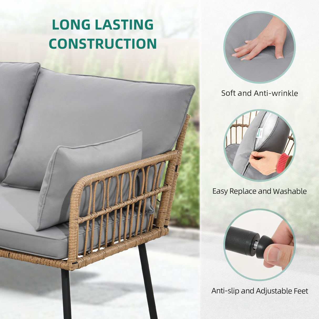 YITAHOME 4 Pieces Patio Furniture Set, Outdoor Wicker Conversation Sectional L-Shaped Sofa with 5 Seater for Backyard, Porch, Boho Detachable Lounger with Thickness Cushions and Side Table - Grey YITAHOME