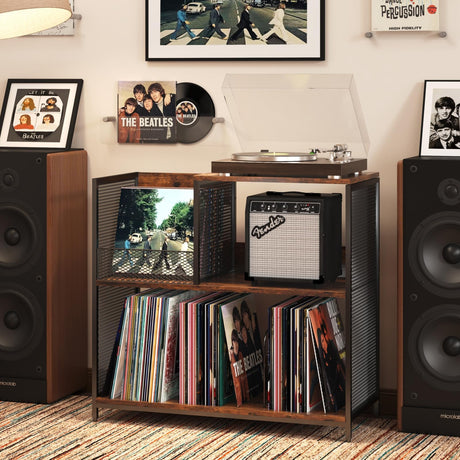 Huxitocan 3 Tier Record Player Stand Holds Up to 300 Albums with 4 Adjustable Divider for Turntable Stand, Large Vintage Record Player Table with Vinyl Record Holder Cabinet-Patent Pending Huxitocan