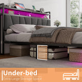 AMERLIFE Queen Size Bed Frame with RGB Lights & Charging Station, LED Bed Frame with Storage Headboard Linen Upholstered, Heavy Duty Metal Slats, No Box Spring Needed, Rustic Grey AMERLIFE