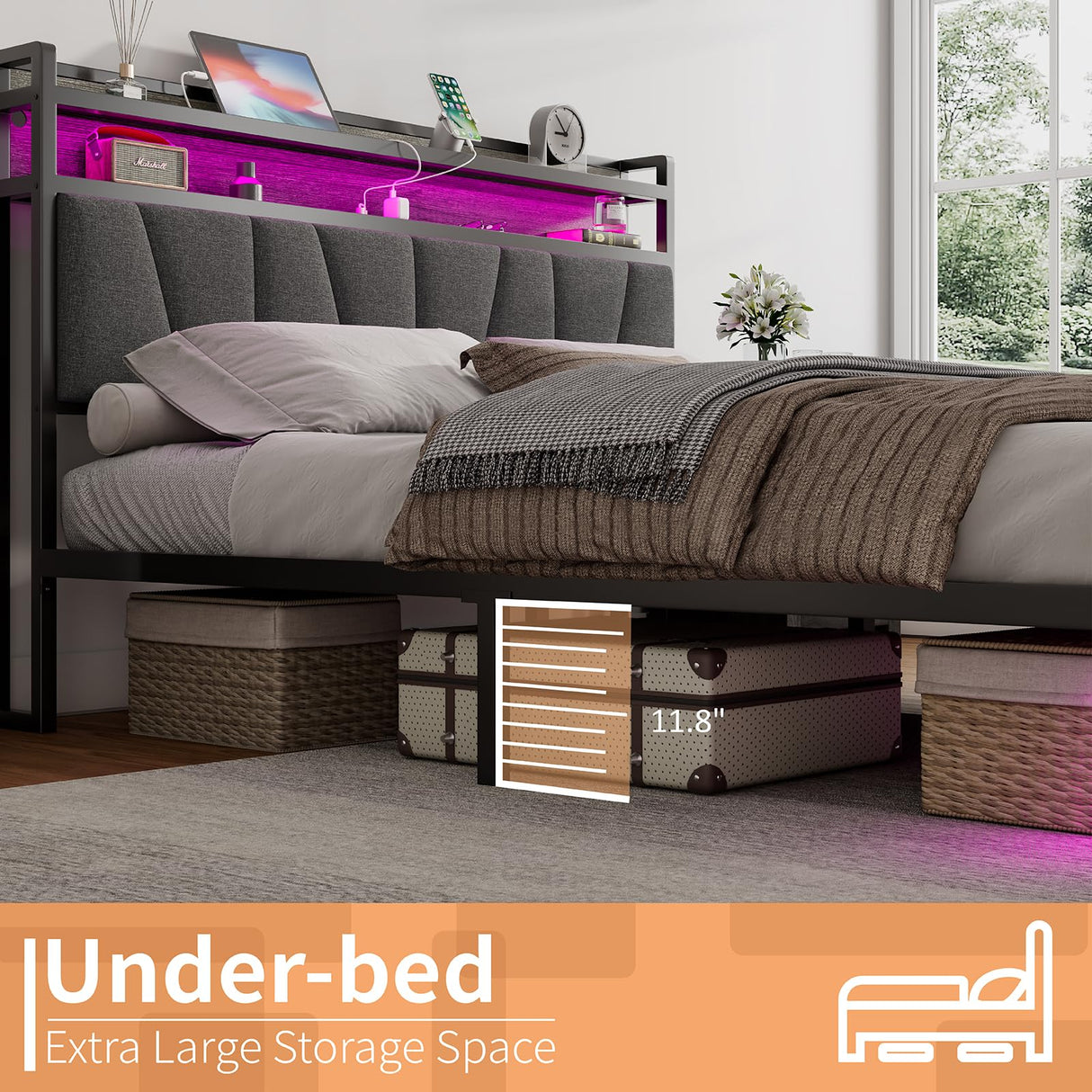 AMERLIFE King Size Bed Frame with RGB Lights & Charging Station, LED Bed Frame with Storage Headboard Linen Upholstered, Heavy Duty Metal Slats, No Box Spring Needed, Rustic Grey AMERLIFE