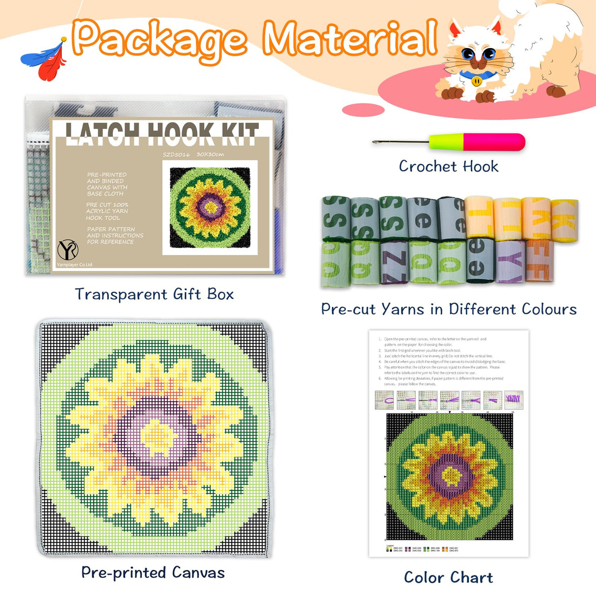 YP Sunflower Latch Hook Rug Kit for Adults & Kids - 12x12 Inch DIY Craft Crochet Rug, Beginner-Friendly Art Project for Home Decor, Easy-to-Make Needlecraft Kit YP
