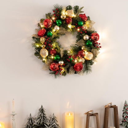 Valery Madelyn 24 Inch Pre-Lit Christmas Wreath for Front Door with Lights, Large Lighted Christmas Wreath with Red Green Gold Xmas Ball for Fireplace Window Outdoor Table Centerpiece Home Decoration