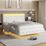 Keyluv Modern Floating Bed Frame with Adjustable LED Lights and Upholstered Leather Headboard - White Keyluv