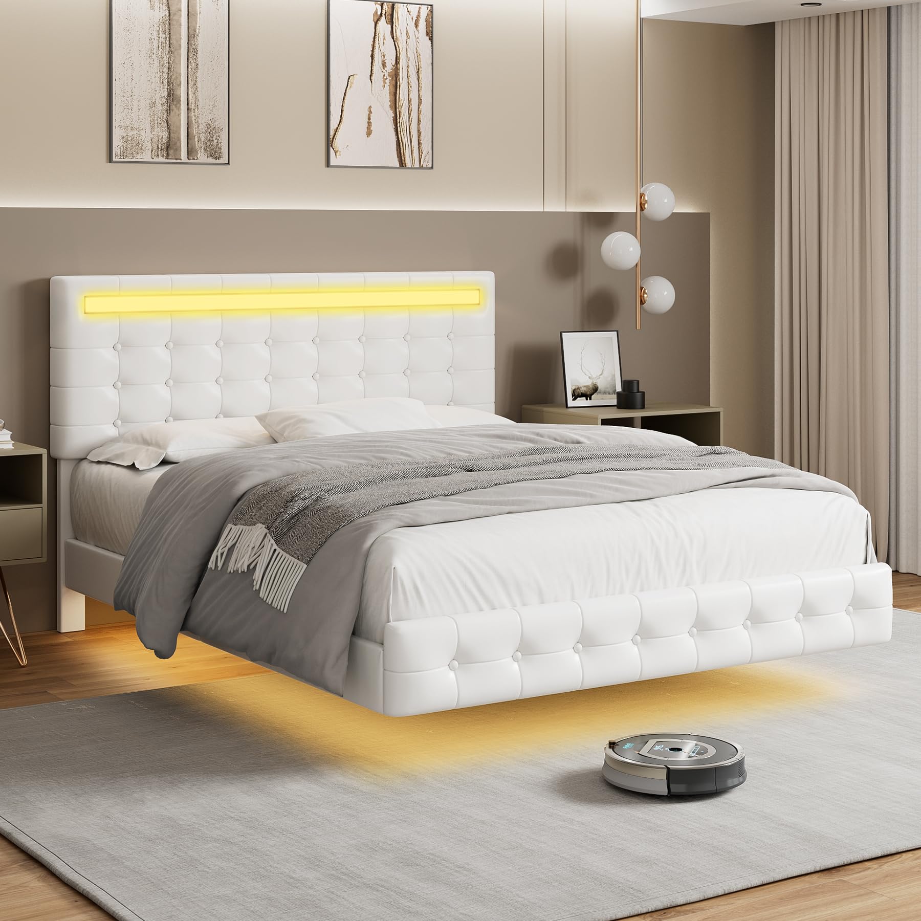 Keyluv Modern Floating Bed Frame with Adjustable LED Lights and Upholstered Leather Headboard - White - WoodArtSupply