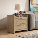 SICOTAS Rattan Nightstand Bedside Table : Wood Night Stand with Type-C Charging Station, 2 Drawers Storage - Boho Night Stands End Table for Bedroom - Light Oak SICOTAS