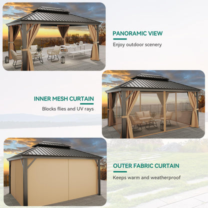 YITAHOME 12x16ft Gazebo Hardtop with Netting and Curtains 2-Tier Galvanized Iron Canopy, Outdoor Aluminum Frame Garden Tent for Patio, Backyard, Deck and Lawns, Brown - WoodArtSupply