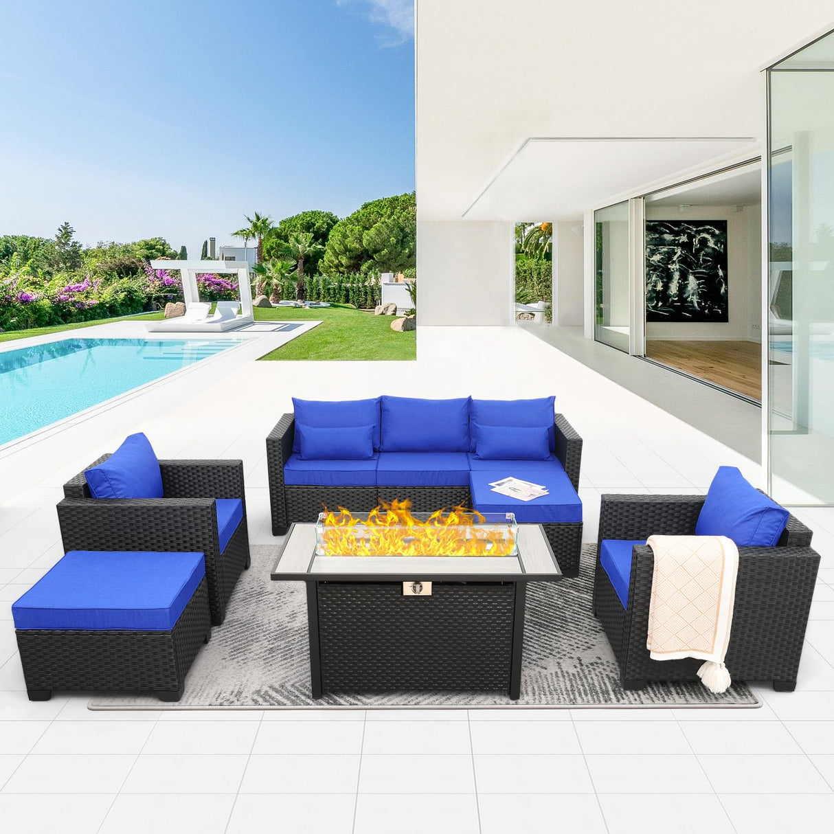 Rattaner Outdoor Patio Furniture 60000 BTU Outdoor Propane Fire Pit Table Patio Furniture Set 45" Outdoor Fire Pits 6 Pieces Patio Sofa Outdoor Chairs Anti-Slip Cushions Waterproof Covers, Royal Blue Rattaner