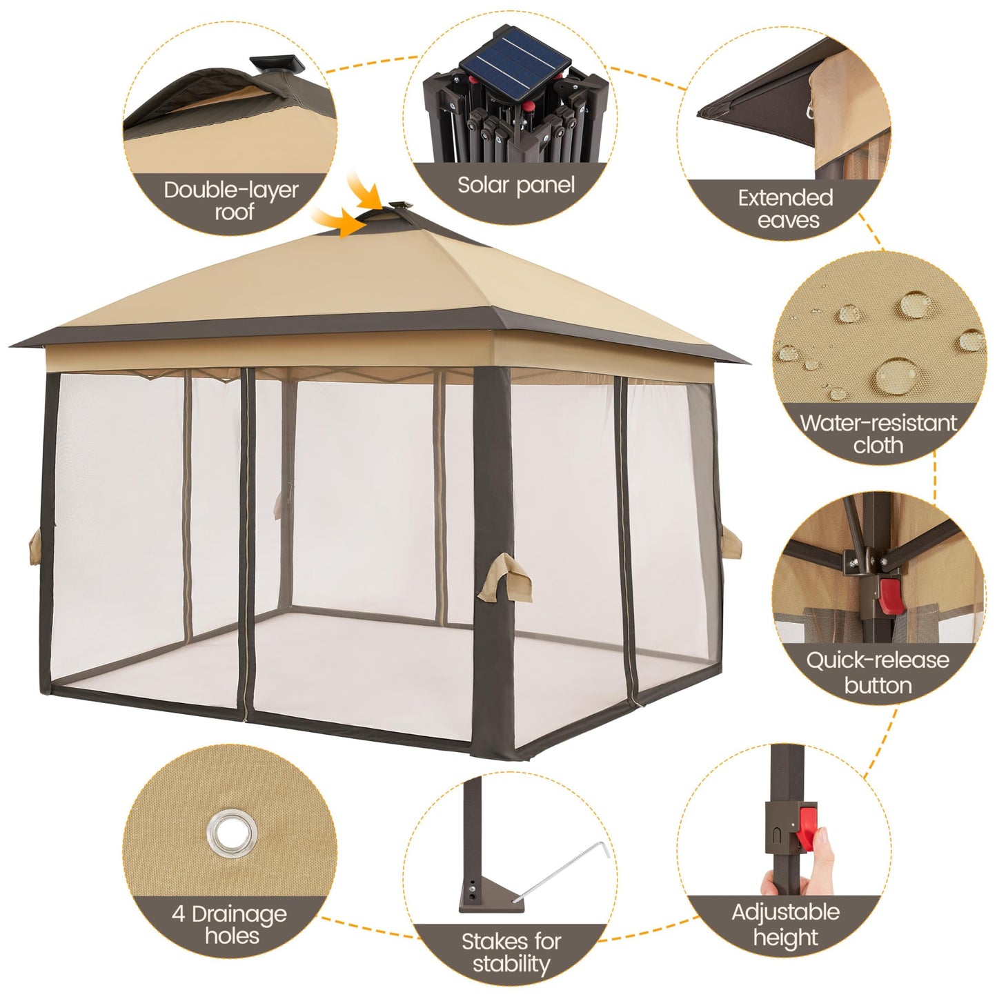 Yaheetech 11'x11' Pop Up Gazebo Instant Tent with 17 Solar LED Lights & Zippered Mesh Netting, Outdoor Shelter Sun Shade Gazebo with Sandbags for Backyard Garden Patio, Khaki & Brown - WoodArtSupply