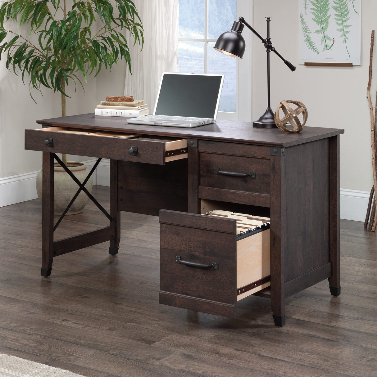 Sauder Carson Forge Pedestal Desk, Rustic Cedar Finish Sauder