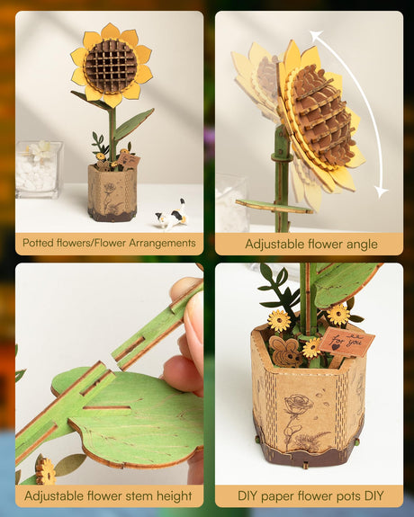 ROBOTIME 3D Puzzles Wooden Flower Sunflower DIY Model Building Kit to Build for Adults Bouquet Botanical Collection Craft Brain Teaser Puzzle Creative Gift Home Decor ROBOTIME