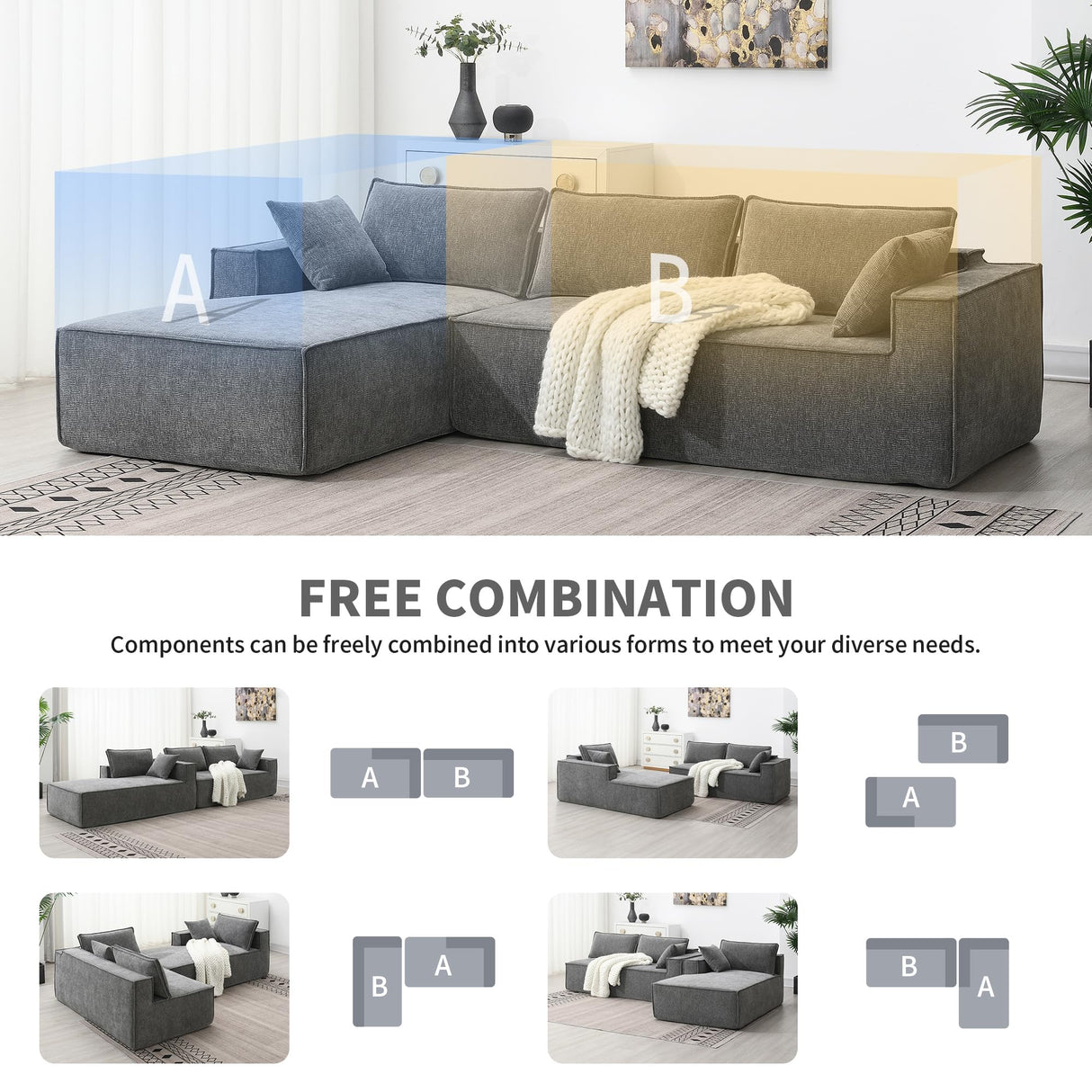 Modern Free Combination Sectional Sofa, Modular 4-Seat Couch Set, Floor Sleeper Bed, Wrinkle-Resistant, Gray Merax