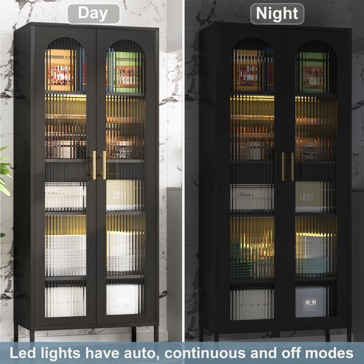 CBNTKI 71" Kitchen Pantry Cabinet,Tall Storage Cabinet with Glass Doors and LED Light,Glass Display Cabinet Black Cabinet for Dinning Room,Living Room,Kitchen,Entryway CBNTKI