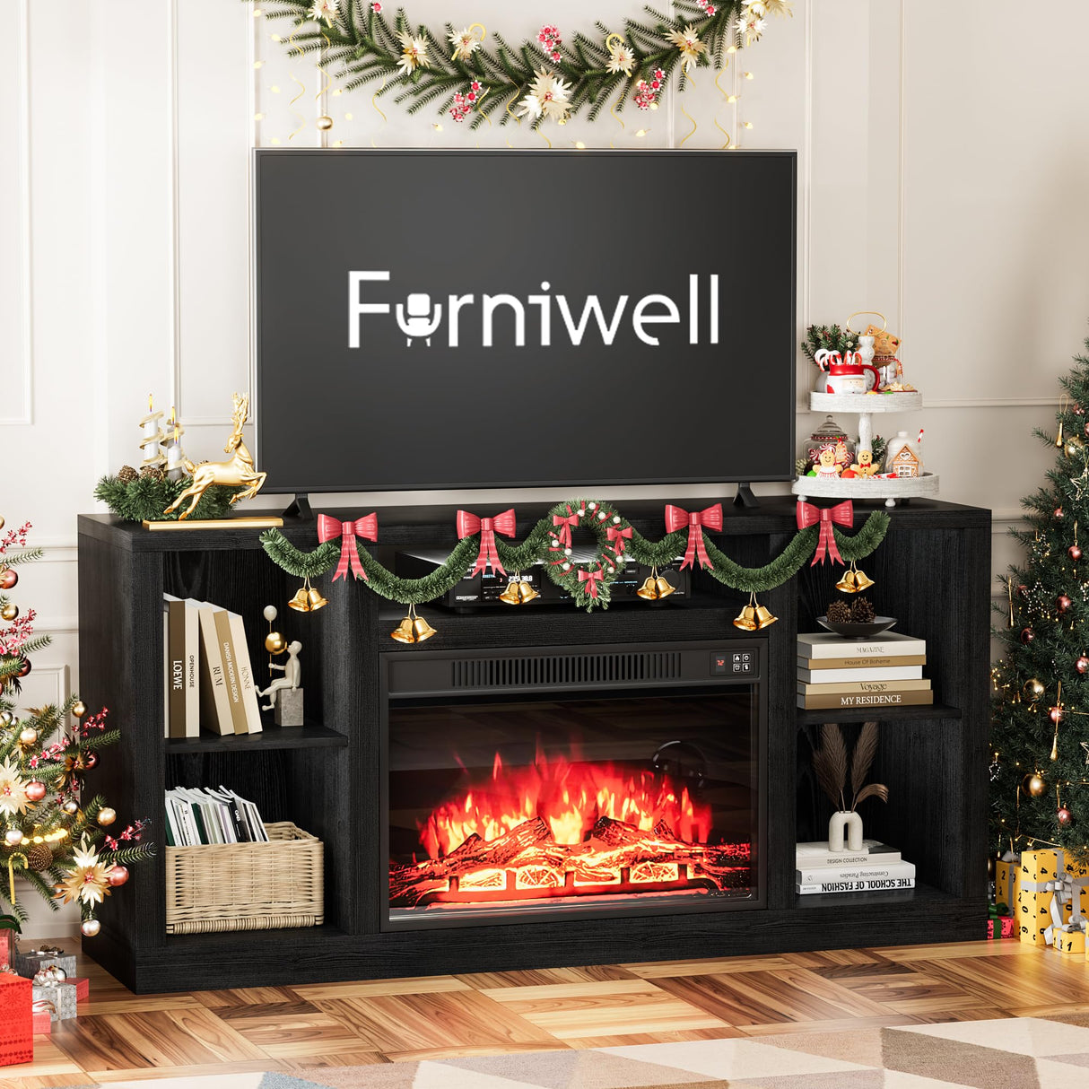 Furniwell Fireplace TV Stand for 65 Inch TV, Media Entertainment Center Console Table with 26" Electric Fireplace, Farmhouse TV Stand with Storage Cabinet for Living Room (Black) Furniwell
