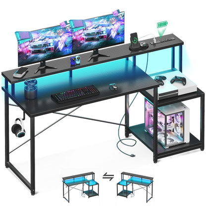 AODK Computer Desk, 56 Inch Gaming Desk with Led Lights & Power Outlet, Office Desk with Printer Storage Shelves, Reversible Desk with Monitor Shelf & Headphone Hook, Carbon Fiber Black