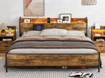 IKIFLY King Size Rustic Brown Storage Headboard with Charging Station & LED Lights - WoodArtSupply