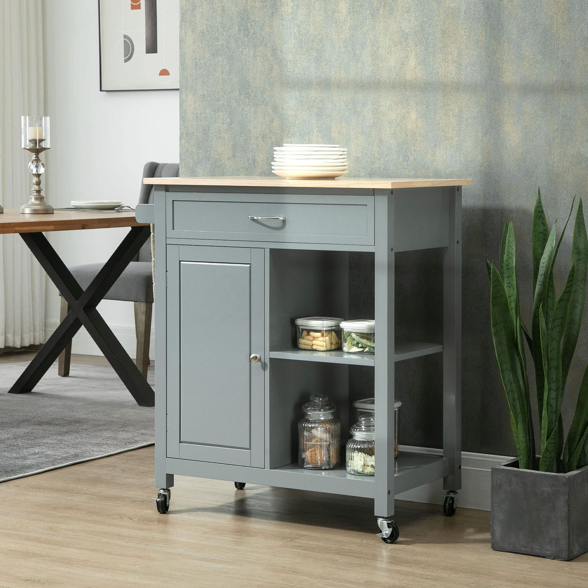 HOMCOM Kitchen Island Cart, Rolling Kitchen Island with Storage Shelf, Solid Wood Top, Drawer, for Dining Room, Gray HOMCOM