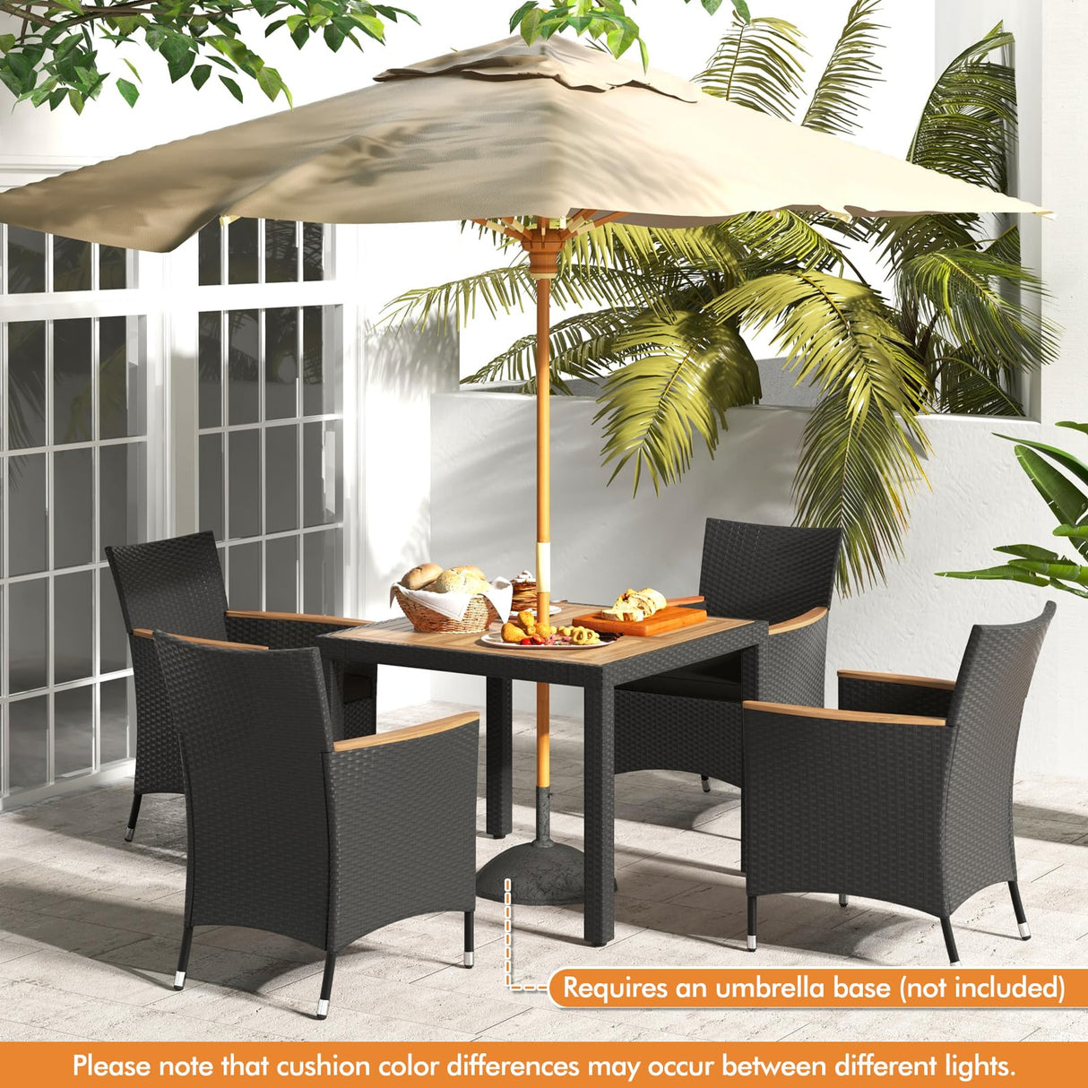 Tangkula 5 Pieces Patio Dining Table Set for 4, Rattan Conversation Set with Umbrella Hole, Seat Cushions & Acacia Wood Tabletop, Outdoor Dining Table with 8 Chairs for Backyard (Black) Tangkula
