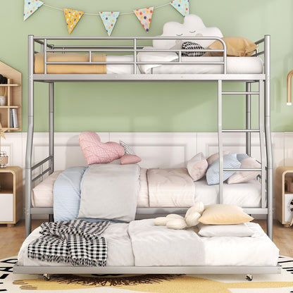 Harper & Bright Designs Full XL Over Queen Metal Bunk Bed with Trundle, Ladder & High Guardrail, Able to Split, Noise Free, Heavy-Duty Steel Loft Bed Frame with Safety Rail for Bedroom, Dorm (Silver)