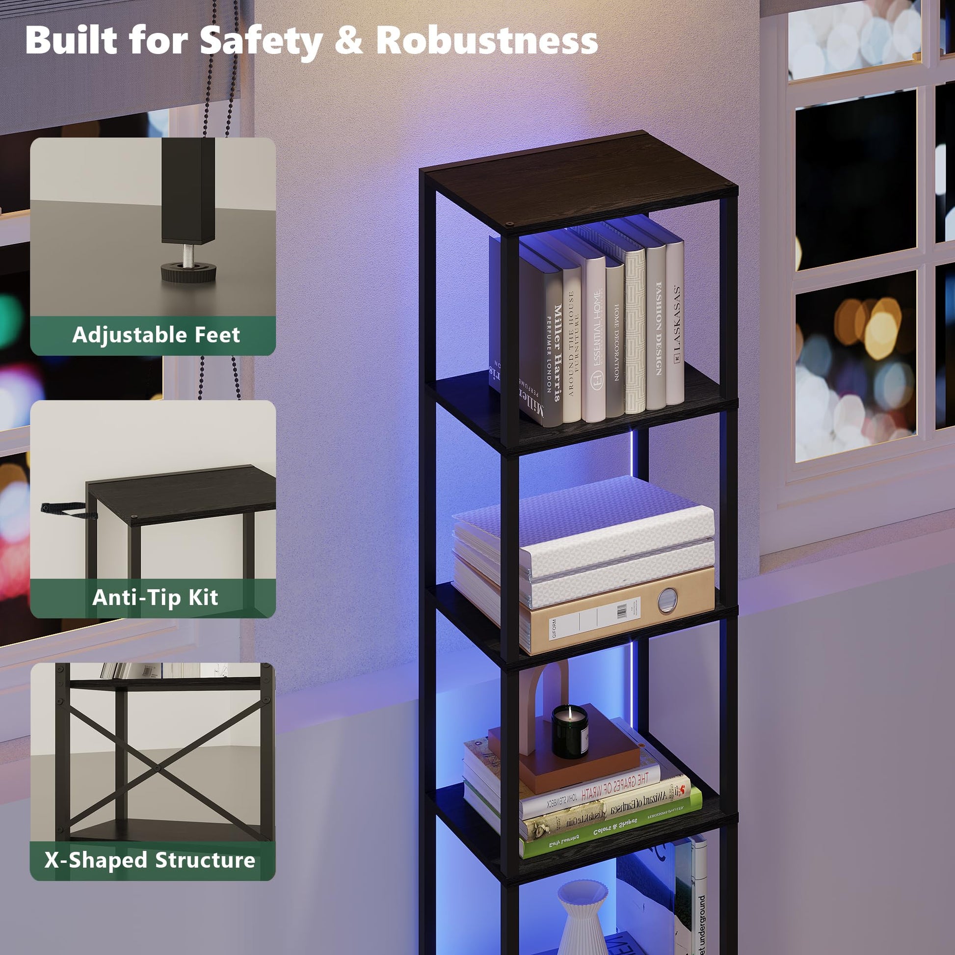 JARHETUN 6-Tier LED Bookshelf - Tall Narrow Bookcase with Steel Frame in Black - WoodArtSupply