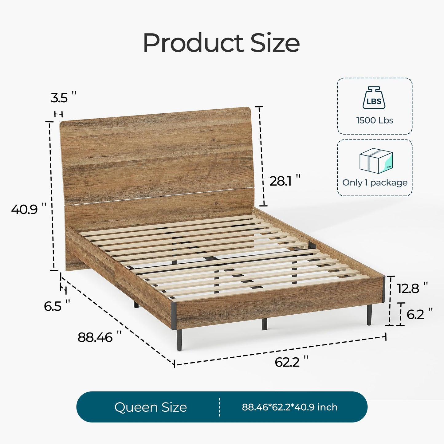 LINSY Queen Bed Frame Wood with Ergonomic Headboard, Farmhouse Bed Frame Queen Size with Storage Shelf, Fast 45-Min Assembly Platform Bed, Noise-Free, No Box Spring Needed - Brown