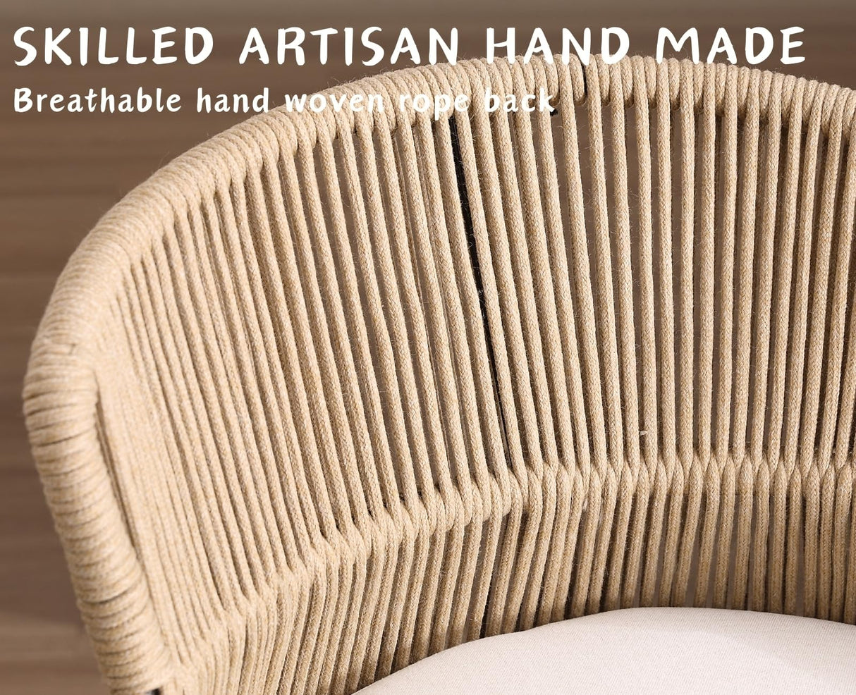 ROCITY Woven Counter Height Bar Stools Set of 2 Beige Linen Counter Stools 26 Inch Farmhouse Barstools with Wicker Back Comfy Upholstered Rattan Bar Chairs for Kitchen Island/Patio Garden ROCITY