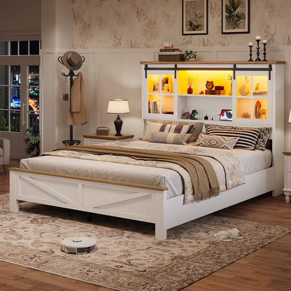 BTHFST Farmhouse Queen Bed Frame 50.39" Bookcase Headboard with LED Lights & Charging Station, Queen Size Wood Storage Bed with Sliding Barn Door, Noiseless, No Box Spring Needed, White - WoodArtSupply