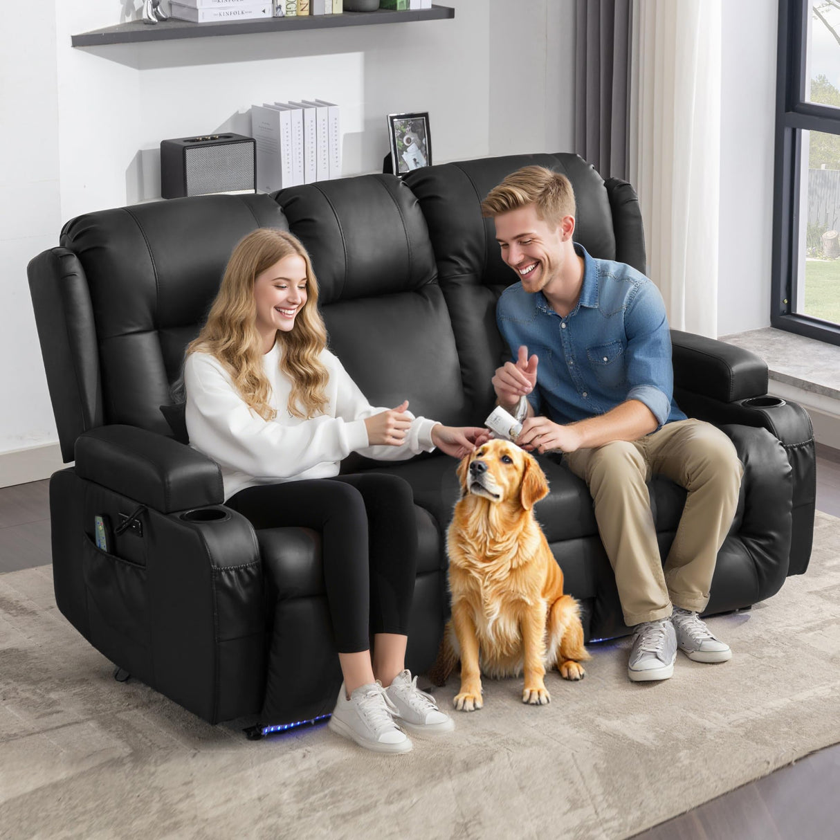 Houjud Power Loveseat Recliner Sofa with Console, RV Flip Middle Backrest Design 3 Seat Reclining Sofa Couch with Vibrating Massage and Heat, LED Light, USB, Bluetooth Speakers, Outlets, Black Houjud