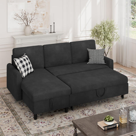 Walsunny Sectional Sofa Couch Bed L Shaped Sleeper Sofa Bed Pull Out Bed with Storage, Reversible Sectional Couches for Living Room, Apartment, Office(Black) Walsunny