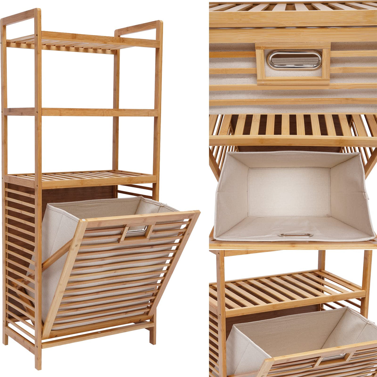 OUKANING Bamboo Laundry Hamper with 3-Tier Storage Rack and Tilt-Out Basket OUKANING