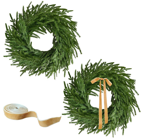 24 Inch Real Touch 2 Pcs Norfolk Pine Wreath Christmas Decorations for Front Door, Artificial Plants Green Christmas Wreath with Lights Home Decor, Xmas Decor for Mantel Wall Holiday Winter Decor Cherica