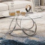 O&K FURNITURE Silver Coffee Table, Modern Glass Coffee Table Living Room Table with Ring-Shaped Frames, Glass Coffee Table for Home&Office, Chrome Finish, 1 PC O&K FURNITURE
