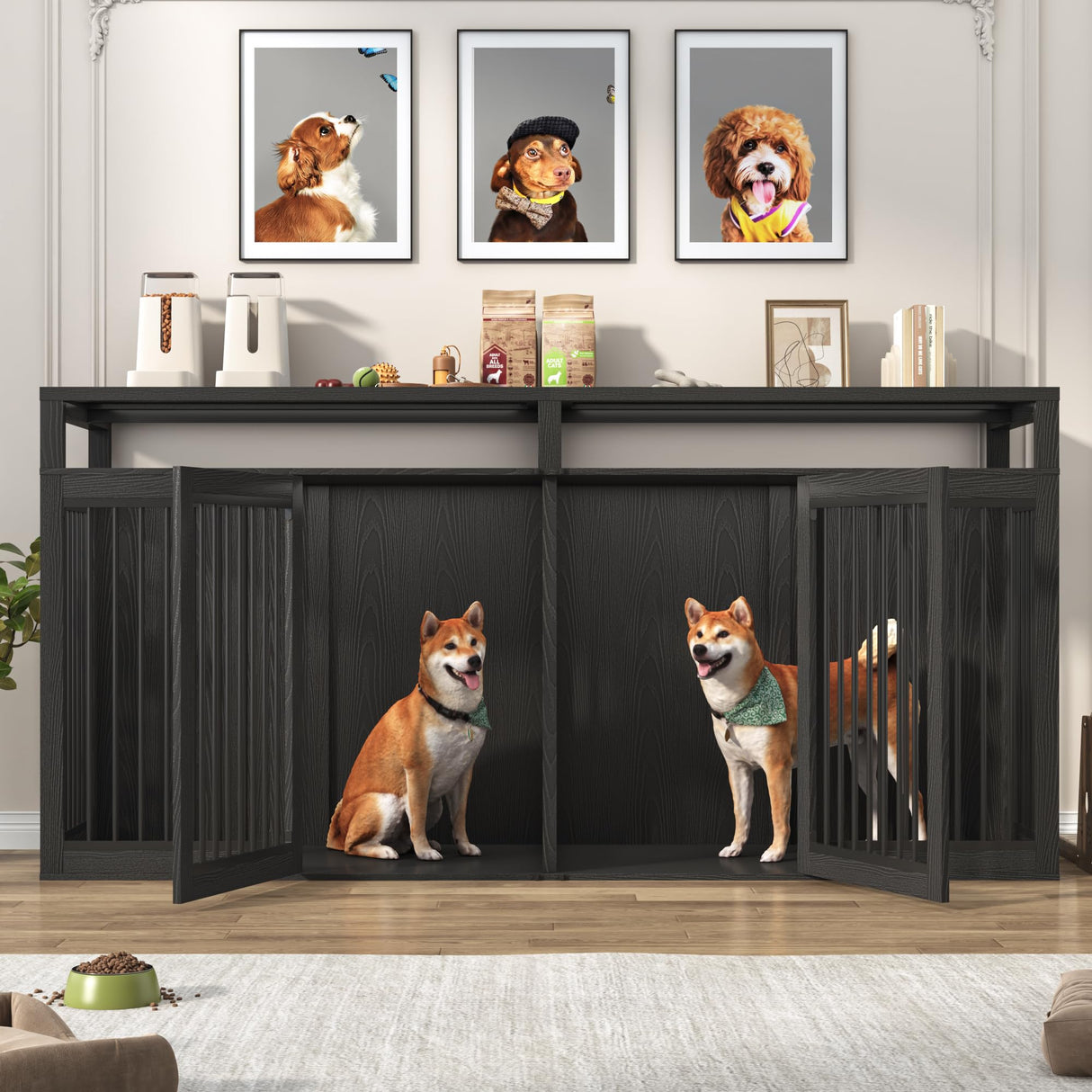 87In Farmhouse Dog Crate TV Stand, Wooden Dog Kennel Furniture with 2 Doors, Large Dog Crate Furniture for 2 Dogs, Solid Metal Tube & 4 Lockable Doors, Black jiteentarou