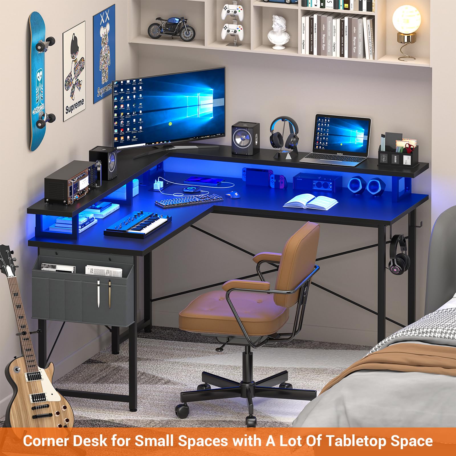 armocity L Shaped Computer Desk with Power Outlets, Gaming Desk L Shaped with LED Lights, Corner Desk with Storage Shelves, Work Study Desk for Bedroom, Home Office Small Spaces, 47'', Black - WoodArtSupply