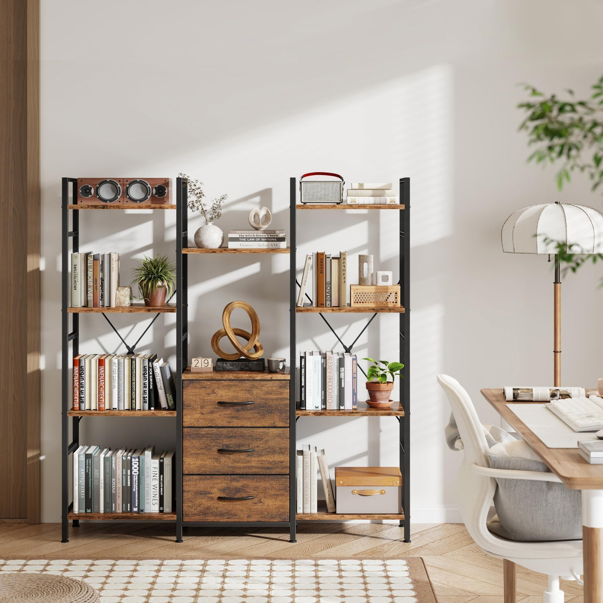 AFLUI Triple Bookshelf with 3 Fabric Drawers, 4-Tier Book Shelf and 10 Display Shelves, Industrial Large Bookcase for Home & Office, Rustic Brown, 47'' Wide AFLUI