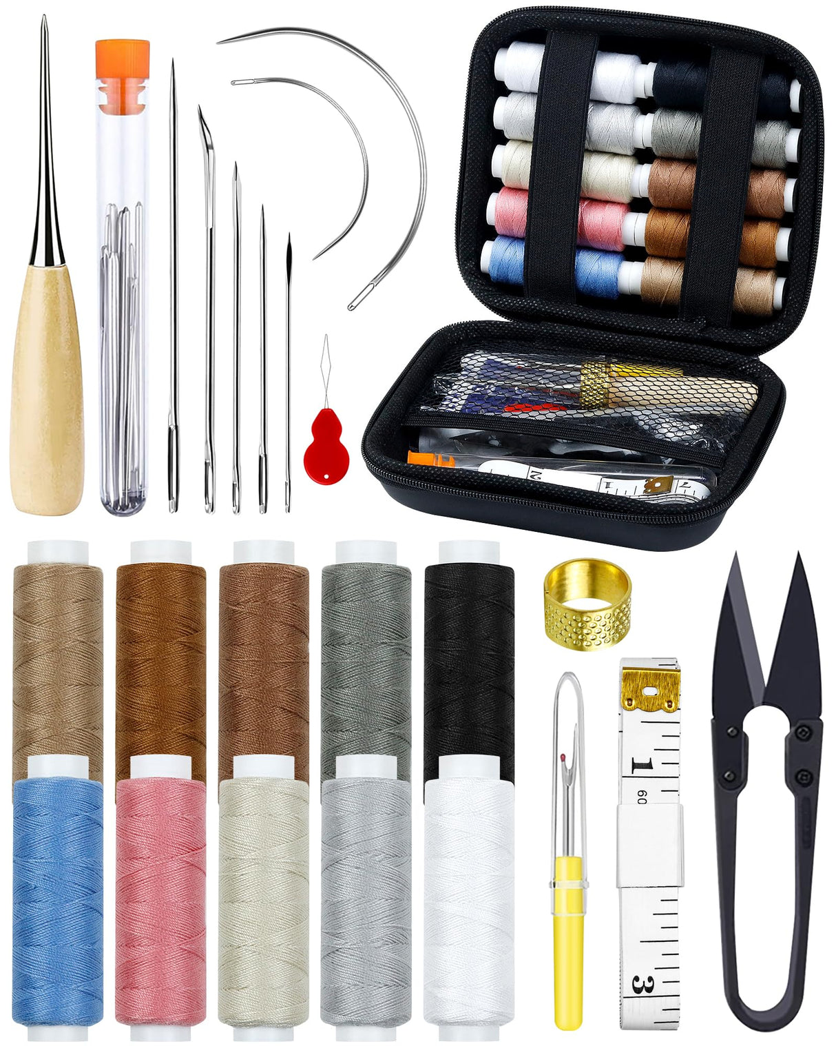 PLANTIONAL Upholstery Repair Sewing Kit: 47 Pieces Heavy Duty Sewing Kit with Sewing Awl, Seam Ripper, Leather Hand Sewing Stitching Needles, Sewing Thread for Car, Sofa, Backpack, Shoe, Craft DIY PLANTIONAL