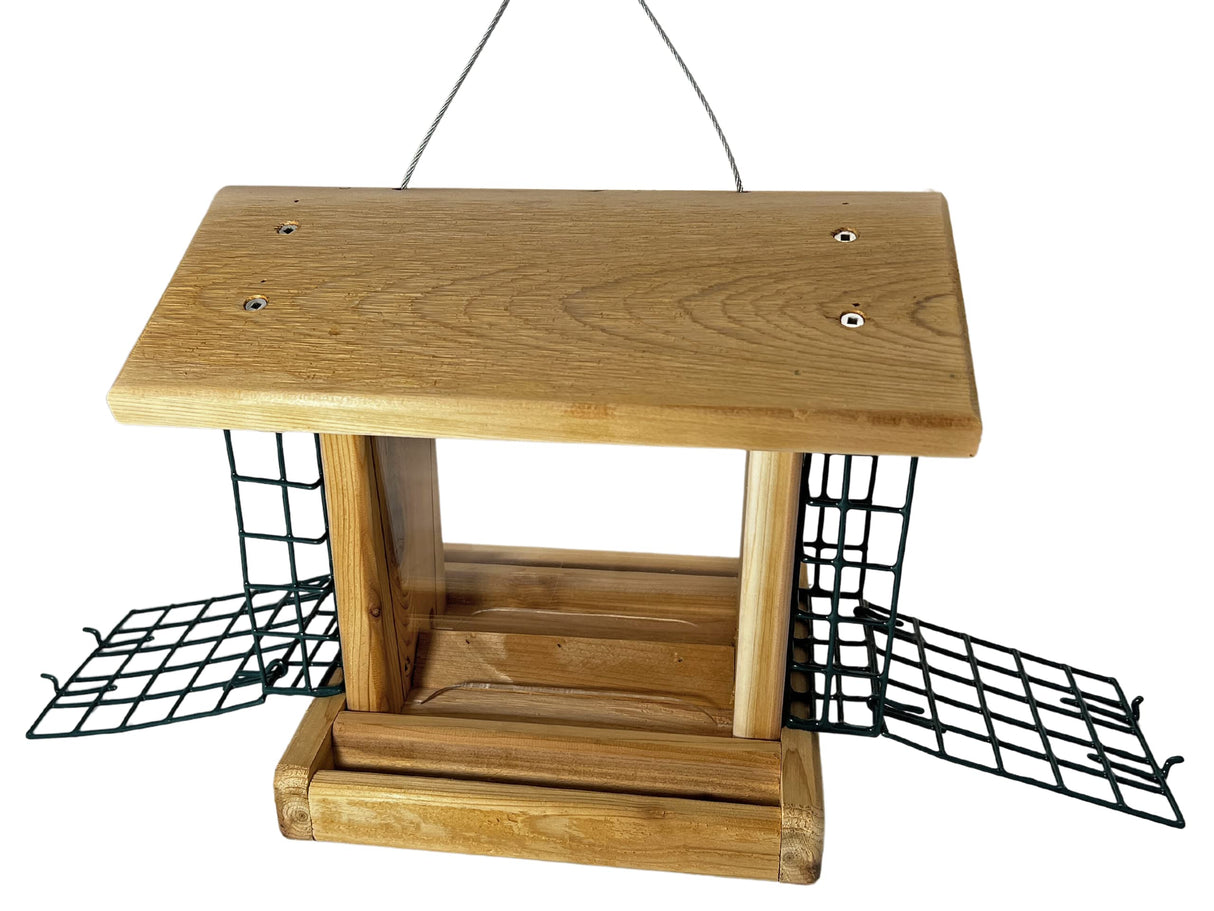 DutchCrafters Large Cedar Wood Hopper Bird Feeder with Suet Cages, Wooden Outdoor Feeder for Birds, Hanging Mount - Amish Made in USA DutchCrafters