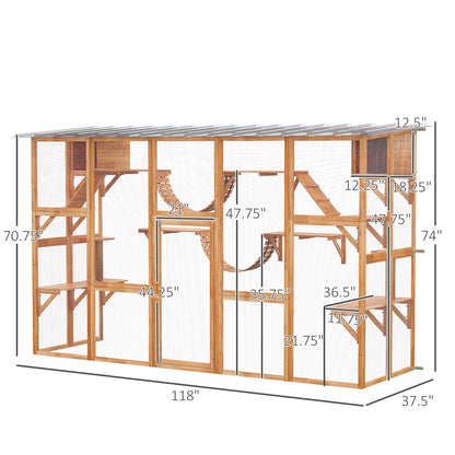 PawHut Catio Playground Cat Window Box Outside Enclosure, Outdoor Cat House with Weather Protection Roof for Multiple Kitties, Wooden Frame, Shelves & Bridges, 118" x 37.5" x 74", Orange - WoodArtSupply