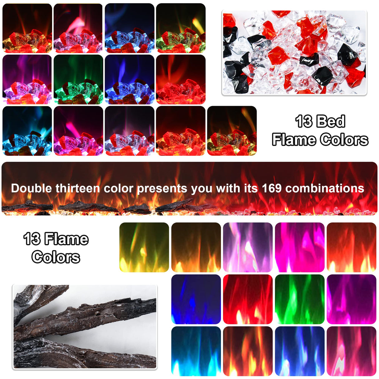 Rodalflame 48 Inches Electric Fireplace Inserts, Recessed and Wall Mounted Fireplace Heater for Indoor Use with Remote Control, 13 Color Flames with Log &Crystal, 9H Timer, 750/1500W RODALFLAME