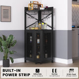 Lafnest Corner Bar Cabinet with Power Outlet and LED Light, Industrial Wine Cabinet with Glass Holder, 4-Tier Liquor Cabinet for Home, Farmhouse Home Bar for Liquor and Wine Storage, Black Lafnest