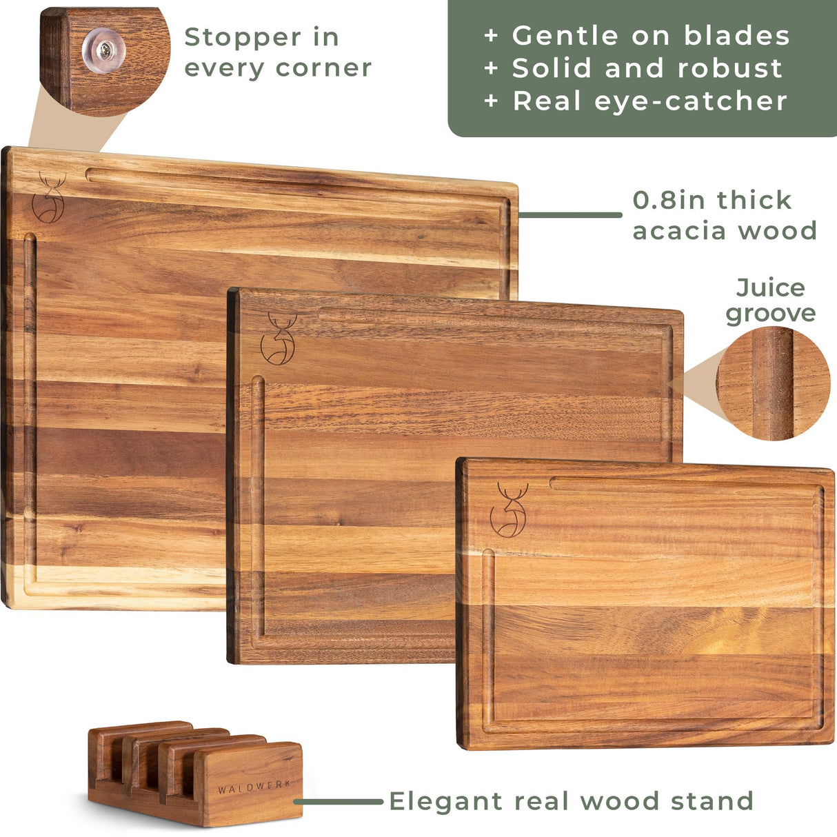 WALDWERK Cutting Board Set (15.75 x 12/13 x 9.5/10 x 7 in) out of Solid Acacia Wood - 0,8 in Thick Cutting Boards for Kitchen - Wood Cutting Boards (3 Boards) WALDWERK