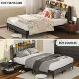 Queen Bed Frame, Storage Headboard with USB Ports & Charging Station, No Box Spring Needed, Noise-Free, Heavy Duty Metal Frame Support, Easy Assembly EasyCom