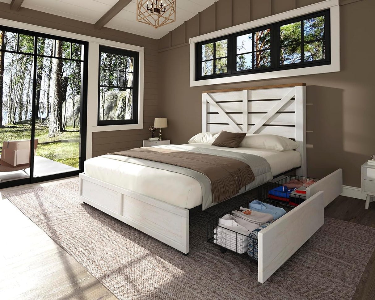 AMERLIFE Full Size Farmhouse Bed Frame with 4 Drawers, Wooden Storage Bed Frame with Headboard and Heavy Duty Metal Slats, Noisy Free, Easy Assemble, White/Barnwood AMERLIFE