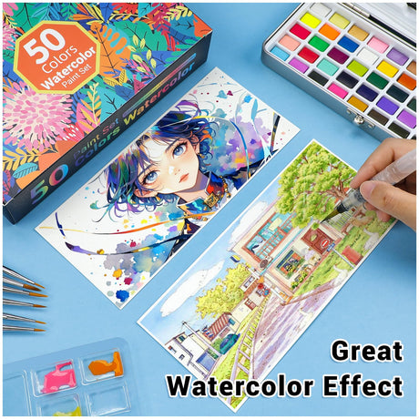 APOGO Watercolor Paint Set,50 Colors in Portable Box Travel Watercolor Set,Water Color Paint Sets for Kids,Adult and Beginner Watercolor Painting Kits with Watercolor Papers and Brushes Art supplies APOGO