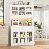 FINETONES 71" Pantry Cabinet with LED Light and Charging Station, Storage Cabinet with Microwave Stand, Kitchen Pantry Hutch Cupboard with Glass Doors and Shelves, White FINETONES