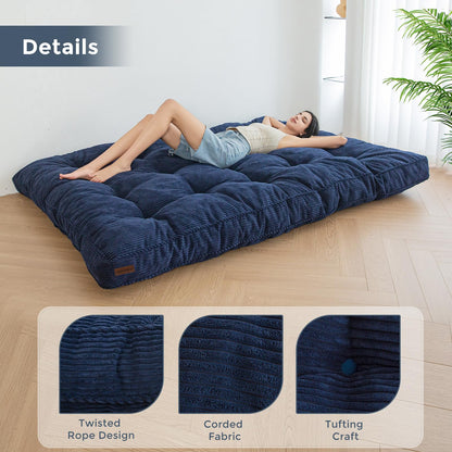 MAXYOYO 6" Futon Mattress Full Size, Tufted Futons Sofa Couch Bed with Twisted Rope Design Edging, Thick Corded Fabric Floor Mattress for Adults, Shredded Foam Filling (Frame Not Included), Navy