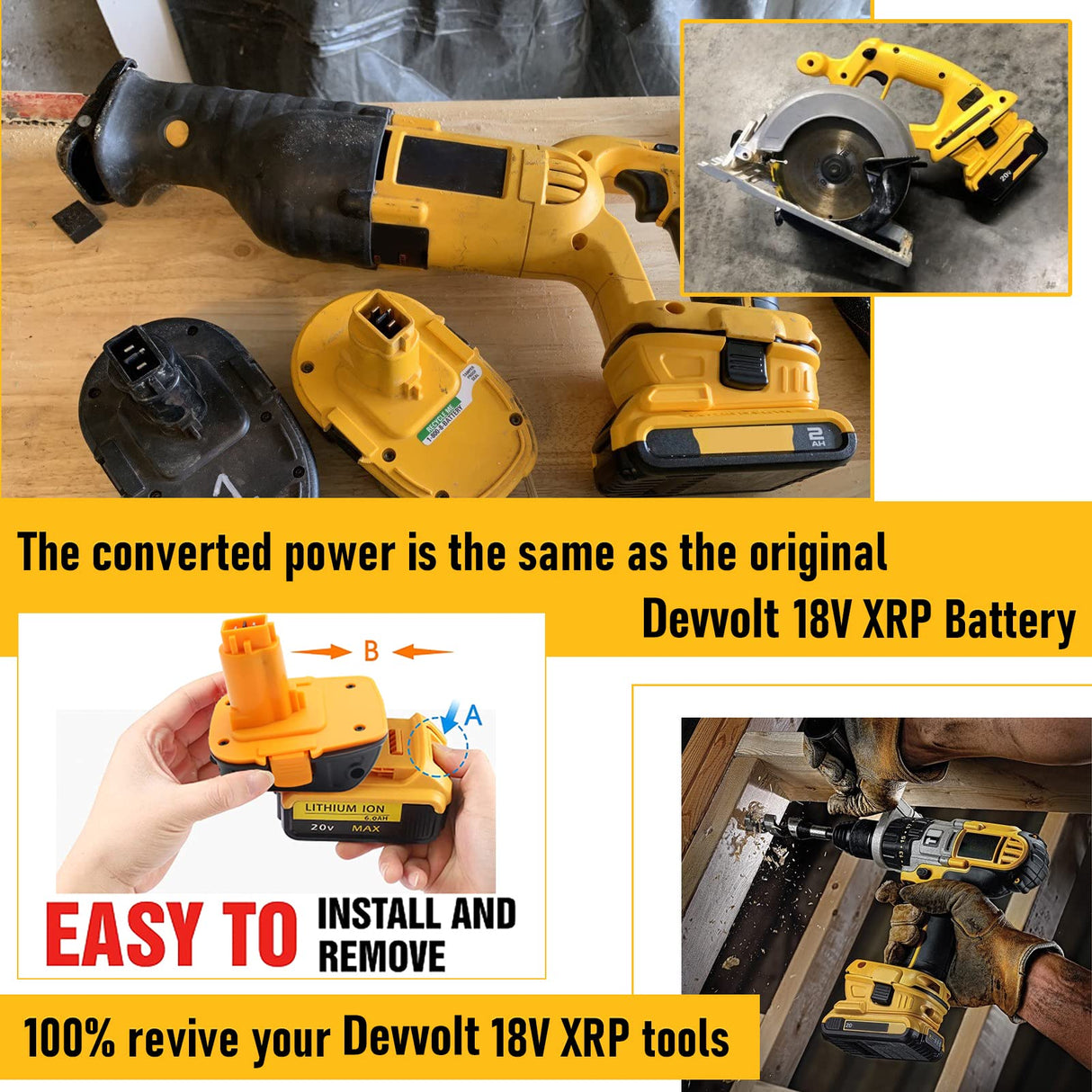 TenHutt 【with USB】 Replace for Dewalt 18V to 20V Battery Adapter Converter DCA1820 for Dewalt 18V Tools, Convert Dewalt 20V Battery DCB203 DCB206 to Dewalt 18V XRP NiCd NiMh Battery DC9098 DC9096 TenHutt