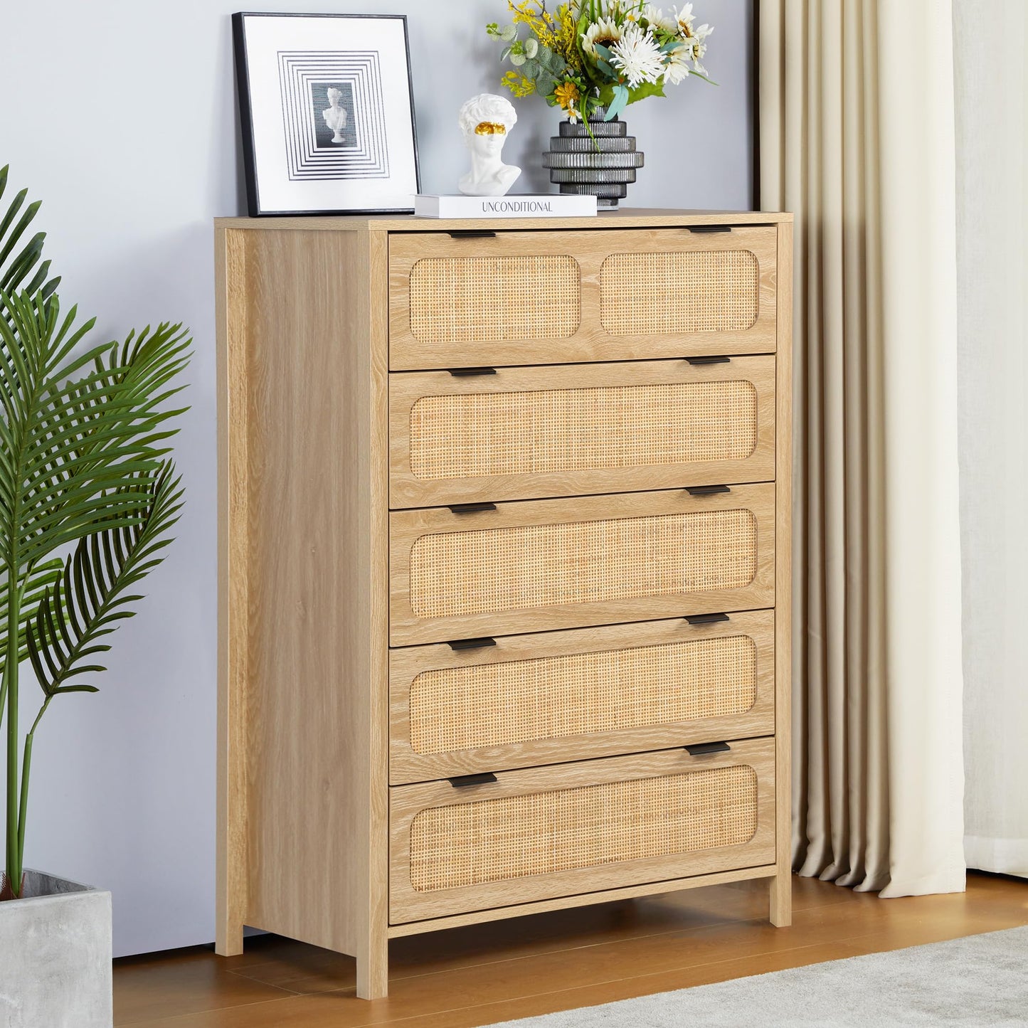 UHMUVFM 5 Drawer Dresser with Rattan Finish, Modern Farmhouse Chest of Drawers with Metal Handles, Accent Wood Storage Cabinet for Bedroom, Living Room and Kitchen (Natural) - WoodArtSupply